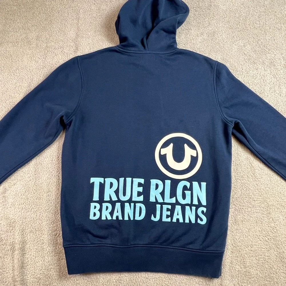 True Religion Hoodie Mens Medium Blue Horseshoe‎ Logo Pullover Sweatshirt